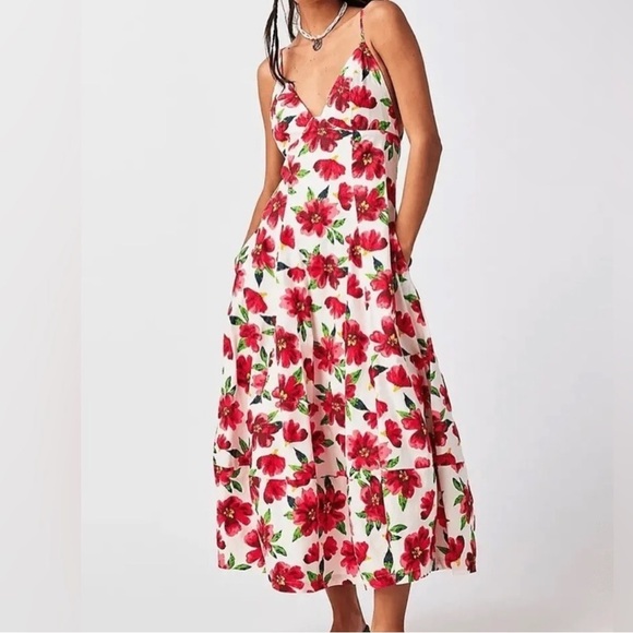 NWT FREE PEOPLE finder things Floral Red and White Midi Dress size small - Picture 1 of 15